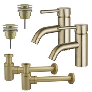 Fortifura Calvi Wastafelkraanset - voor dubbele wastafel - lage wastafelkraan - klikwaste plug - verlaagde design sifon - Geborsteld Messing PVD (Goud) 2x SW720547/2x SW696202/2x SW696218