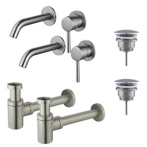 Fortifura Calvi Slim Wastafelkraanset - voor dubbele wastafel - inbouw wastafelkraan - always open plug - verlaagde design sifon - Geborsteld RVS PVD (RVS) 2x SW377860/2x SW696207/2x SW696217