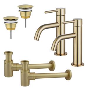 Fortifura Calvi Slim Wastafelkraanset - voor dubbele wastafel - lage wastafelkraan - always open plug - verlaagde design sifon - Geborsteld Messing PVD (Goud) 2x SW720545/2x SW696208/2x SW696218