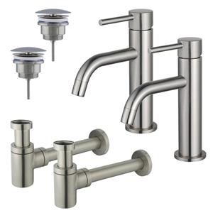 Fortifura Calvi Slim Wastafelkraanset - voor dubbele wastafel - lage wastafelkraan - always open plug - verlaagde design sifon - Geborsteld RVS PVD (RVS) 2x SW377858/2x SW696207/2x SW696217