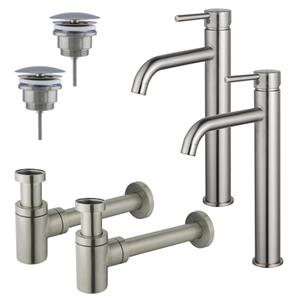 Fortifura Calvi Wastafelkraanset - voor dubbele wastafel - verhoogde wastafelkraan - always open plug - verlaagde design sifon - Geborsteld RVS PVD (RVS) 2x SW377857/2x SW696207/2x SW696217