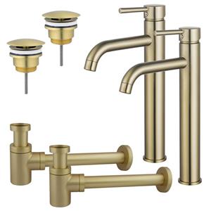 Fortifura Calvi Wastafelkraanset - voor dubbele wastafel - verhoogde wastafelkraan - always open plug - verlaagde design sifon - Geborsteld Messing PVD (Goud) 2x SW720549/2x SW696208/2x SW696218