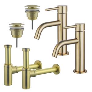 Fortifura Calvi Slim Wastafelkraanset - voor dubbele wastafel - lage wastafelkraan - klikwaste plug - design sifon - Geborsteld Messing PVD (Goud) 2x SW720545/2x SW696202/2x SW696213