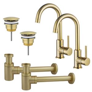 Fortifura Calvi Wastafelkraanset - voor dubbele wastafel - hoge wastafelkraan - draaibare uitloop - always open plug - verlaagde design sifon - Geborsteld Messing PVD (Goud) 2x SW809349/2x SW696208/2x