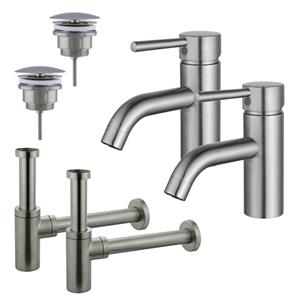 Fortifura Calvi Wastafelkraanset - voor dubbele wastafel - lage wastafelkraan - always open plug - design sifon - Geborsteld RVS PVD (RVS) 2x SW377856/2x SW696207/2x SW696212