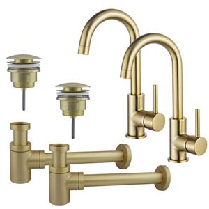 Fortifura Calvi Wastafelkraanset - voor dubbele wastafel - hoge wastafelkraan - draaibare uitloop - klikwaste plug - verlaagde design sifon - Geborsteld Messing PVD (Goud) 2x SW809349/2x SW696202/2x S