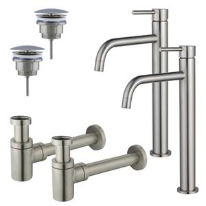 Fortifura Calvi Slim Wastafelkraanset - voor dubbele wastafel - verhoogde wastafelkraan - always open plug - verlaagde design sifon - Geborsteld RVS PVD (RVS) 2x SW377859/2x SW696207/2x SW696217
