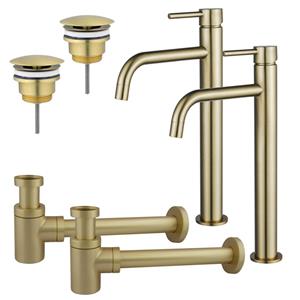 Fortifura Calvi Slim Wastafelkraanset - voor dubbele wastafel - verhoogde wastafelkraan - always open plug - verlaagde design sifon - Geborsteld Messing PVD (Goud) 2x SW720546/2x SW696208/2x SW696218