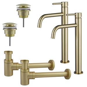 Fortifura Calvi Slim Wastafelkraanset - voor dubbele wastafel - verhoogde wastafelkraan - klikwaste plug - verlaagde design sifon - Geborsteld Messing PVD (Goud) 2x SW720546/2x SW696202/2x SW696218