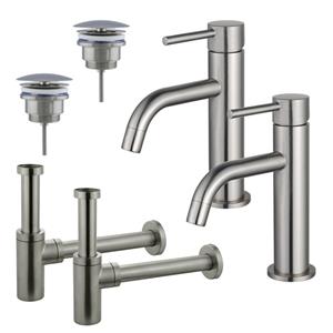 Fortifura Calvi Slim Wastafelkraanset - voor dubbele wastafel - lage wastafelkraan - always open plug - design sifon - Geborsteld RVS PVD (RVS) 2x SW377858/2x SW696207/2x SW696212
