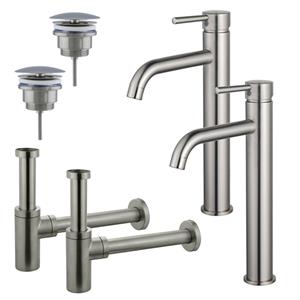 Fortifura Calvi Wastafelkraanset - voor dubbele wastafel - verhoogde wastafelkraan - always open plug - design sifon - Geborsteld RVS PVD (RVS) 2x SW377857/2x SW696207/2x SW696212