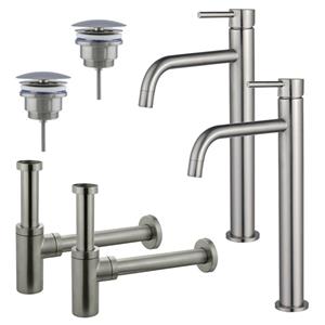 Fortifura Calvi Slim Wastafelkraanset - voor dubbele wastafel - verhoogde wastafelkraan - always open plug - design sifon - Geborsteld RVS PVD (RVS) 2x SW377859/2x SW696207/2x SW696212