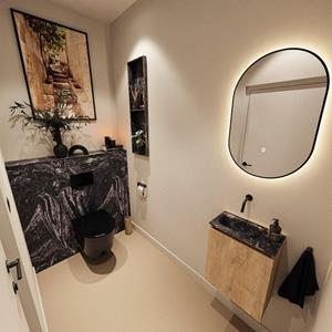 Mondiaz TURE-DLUX 40cm toiletmeubel Washed Oak. EDEN wastafel Lava positie links. Zonder kraangat. TUREDX40WASL0LAV