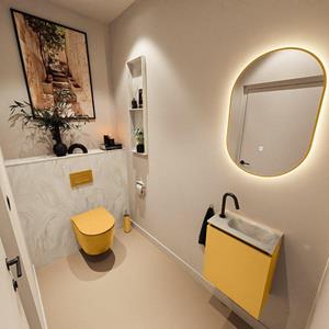 Mondiaz TURE-DLUX 40cm toiletmeubel Ocher. EDEN wastafel Ostra positie rechts. Met 1 kraangat. TUREDX40OCHR1OST