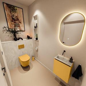 Mondiaz TURE-DLUX 40cm toiletmeubel Ocher. EDEN wastafel Ostra positie links. Zonder kraangat. TUREDX40OCHL0OST