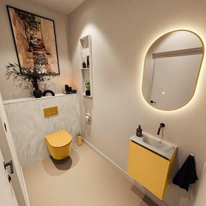 Mondiaz TURE-DLUX 40cm toiletmeubel Ocher. EDEN wastafel Ostra positie rechts. Zonder kraangat. TUREDX40OCHR0OST
