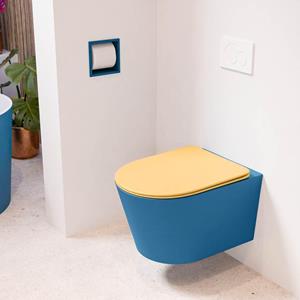 Mondiaz LAVIE wandclosetpack - 36x53cm - diepspoel - rimless - Jeans (blauw) - softclose - quick-release - toiletzitting - Ocher (geel) LAVIEsetJeaOch