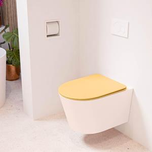 Mondiaz LAVIE wandclosetpack - 36x53cm - diepspoel - rimless - Rosee (roze) - softclose - quick-release - toiletzitting - Ocher (geel) LAVIEsetRosOch