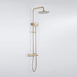 Fortifura Calvi Regendoucheset - thermostatisch - 30cm hoofddouche - metalen slang - ronde handdouche - Geborsteld Messing PVD (Goud) SW1159501 SW1139122 SW799449 SW728176
