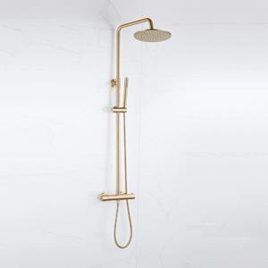 Fortifura Calvi Regendoucheset - thermostatisch - 30cm hoofddouche - metalen slang - staaf handdouche - Geborsteld Messing PVD (Goud) SW1159501 SW1139122 SW728176