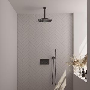 Brauer gunmetal Edition Thermostatische Regendouche inbouw - drukknoppen - SET 54 - 30cm hoofddouche - plafondarm - staaf handdouche - doucheslang - wandaansluitbocht - gunmetal geborsteld PVD 5-GM-16