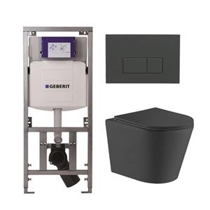 Geberit QeramiQ Dely Toiletset - 36.3x51.7cm - diepspoel - rimless -  UP320 Burda inbouwreservoir - softclose toiletzitting - bedieningsplaat antraciet mat - rechtehoekige knoppen - mat zwart SW1026253