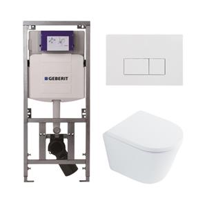 Geberit QeramiQ Dely Toiletset - 36.3x51.7cm - diepspoel - rimless -  UP320 Burda inbouwreservoir - softclose toilet zitting 35 mm - glans witte bedieningsplaat - rechthoekige knoppen - wit glans SW102