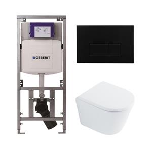 Geberit QeramiQ Dely Toiletset - 36.3x51.7cm - diepspoel - rimless -  UP320 Burda inbouwreservoir - softclose toilet zitting 35 mm - kunstof mat zwarte bedieningsplaat - rechthoekige knoppen - wit glan