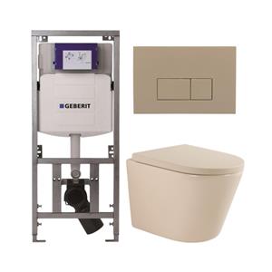 Geberit QeramiQ Dely Toiletset - 36.3x51.7cm - diepspoel - rimless -  UP320 inbouwreservoir - softclose toilet zitting 35 mm - bedieningsplaat taupe - rechthoekige knoppen - mat beige SW1000764/SW10007