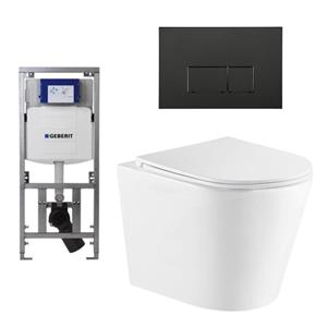 Geberit QeramiQ Dely Toiletset - 36.3x51.7cm - diepspoel - rimless -  UP320 Burda inbouwreservoir - softclose toiletzitting - mat zwarte bedieningsplaat - rechtehoekige knoppen - wit mat SW543432/07011