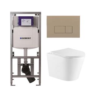 Geberit QeramiQ Dely Toiletset - 36.3x51.7cm - diepspoel - rimless -  UP320 Burda inbouwreservoir - softclose toiletzitting - bedieningsplaat taupe - rechthoekige knoppen - wit mat SW543432/0701131/SW1