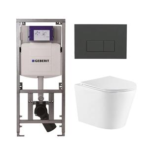 Geberit QeramiQ Dely Toiletset - 36.3x51.7cm - diepspoel - rimless -  UP320 Burda inbouwreservoir - softclose toiletzitting - bedieningsplaat antraciet mat - rechtehoekige knoppen - wit glans SW543431/