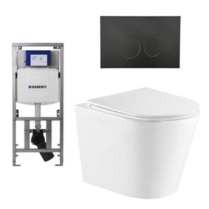 Geberit QeramiQ Dely Toiletset - 36.3x51.7cm - diepspoel - rimless -  UP320 Burda inbouwreservoir - softclose toiletzitting - mat zwarte bedieningsplaat - ronde knoppen - wit mat SW543432/0701131/SW706