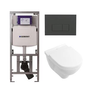 Villeroy & Boch O.novo Toiletset - Geberit inbouwreservoir - diepspoel wandcloset - softclose - bedieningsplaat bedieningsplaat antraciet mat - rechthoekige knoppen - wit 0701131/0124124/0124182/SW110