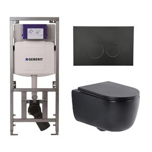 Geberit QeramiQ Dely Swirl Toiletset - 36.3x51.7cm -  UP320 Burda inbouwreservoir - slim zitting - mat zwarte bedieningsplaat - ronde knoppen - mat zwart 0701131/SW706188/SW1000768/SW1026258