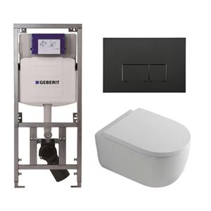 Geberit QeramiQ Dely Swirl Toiletset - 36.3x51.7cm -  UP320 Burda inbouwreservoir - 35mm zitting - mat zwarte bedieningsplaat - rechthoekige knoppen - wit mat SW1000767/Sw1026257/0701131/SW706189