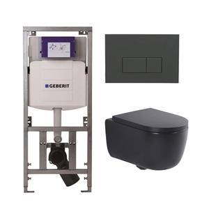 Geberit QeramiQ Dely Swirl Toiletset - 36.3x51.7cm -  UP320 Burda inbouwreservoir - slimzitting - bedieningsplaat antraciet mat - rechthoekige knoppen - mat zwart 0701131/SW1102377/SW1000768/SW1026258