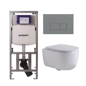 Geberit QeramiQ Dely Swirl Toiletset - 36.3x51.7cm -  UP320 Burda inbouwreservoir - slimzitting - bedieningsplaat licht grijs - rechthoekige knoppen - wit glans 0701131/SW1102375/SW1000766/SW1026256