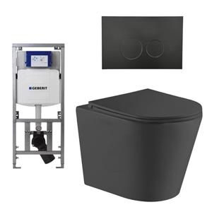 Geberit QeramiQ Dely Toiletset - 36.3x51.7cm - diepspoel - rimless -  UP320 Burda inbouwreservoir - softclose toiletzitting - mat zwarte bedieningsplaat - ronde knoppen - zwart mat SW1026253/0701131/SW