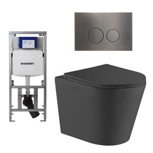 Geberit QeramiQ Dely Toiletset - 36.3x51.7cm - diepspoel - rimless -  UP320 Burda inbouwreservoir - softclose toiletzitting - gunmetal bedieningsplaat - ronde knoppen - zwart mat SW1026253/0701131/SW70