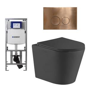 Geberit QeramiQ Dely Toiletset - 36.3x51.7cm - diepspoel - rimless -  UP320 Burda inbouwreservoir - softclose toiletzitting - koperen bedieningsplaat - ronde knoppen - zwart mat SW1026253/0701131/SW706