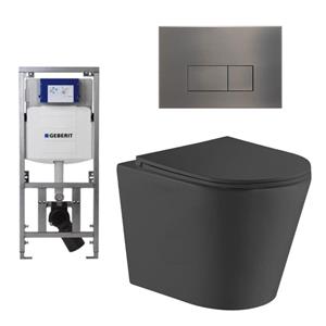 Geberit QeramiQ Dely Toiletset - 36.3x51.7cm - diepspoel - rimless -  UP320 Burda inbouwreservoir - softclose toiletzitting - gunmetal bedieningsplaat - rechtehoekige knoppen - zwart mat SW1026253/0701