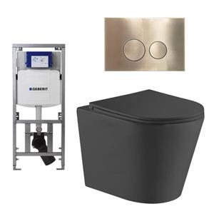 Geberit QeramiQ Dely Toiletset - 36.3x51.7cm - diepspoel - rimless -  UP320 Burda inbouwreservoir - softclose toiletzitting - geborsteld messing bedieningsplaat - ronde knoppen - zwart mat SW1026253/07