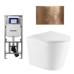 Geberit QeramiQ Dely Toiletset - 36.3x51.7cm - diepspoel - rimless -  UP320 Burda inbouwreservoir - softclose toiletzitting - koperen bedieningsplaat - ronde knoppen - wit glans SW543431/0701131/SW7061