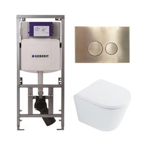 Geberit QeramiQ Dely Toiletset - 36.3x51.7cm - diepspoel - rimless -  UP320 Burda inbouwreservoir - softclose toilet zitting 35 mm - geborsteld messing bedieningsplaat - ronde knoppen - wit glans SW102