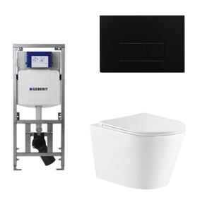 Geberit QeramiQ Dely Toiletset - 36.3x51.7cm - diepspoel - rimless -  UP320 Burda inbouwreservoir - softclose toiletzitting - mat zwarte bedieningsplaat - rechtehoekige knoppen - wit glans SW543431/070