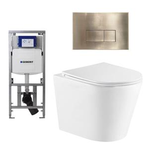Geberit QeramiQ Dely Toiletset - 36.3x51.7cm - diepspoel - rimless -  UP320 Burda inbouwreservoir - softclose toiletzitting - geborsteld messing bedieningsplaat - rechtehoekige knoppen - wit glans SW54