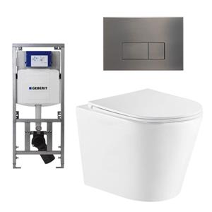 Geberit QeramiQ Dely Toiletset - 36.3x51.7cm - diepspoel - rimless -  UP320 Burda inbouwreservoir - softclose toiletzitting - gunmetal bedieningsplaat - rechtehoekige knoppen - wit mat SW543432/0701131