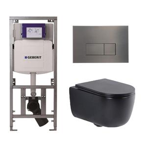Geberit QeramiQ Dely Swirl Toiletset - 36.3x51.7cm -  UP320 Burda inbouwreservoir - slim zitting - gunmetal bedieningsplaat - rechthoekige knoppen - mat zwart 0701131/SW706199/SW1000768/SW1026258