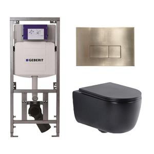 Geberit QeramiQ Dely Swirl Toiletset - 36.3x51.7cm -  UP320 Burda inbouwreservoir - slim zitting - geborsteld messing bedieningsplaat - rechthoekige knoppen - mat zwart 0701131/SW706201/SW1000768/SW102